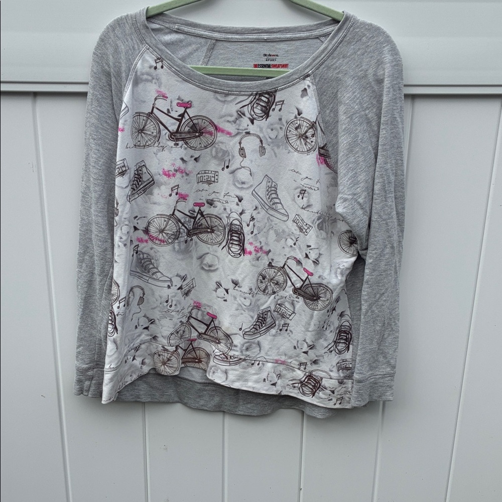 Style & Co. Gray and Pink Bicycle Print Bedazzled Size L Top Comfy worn 1x